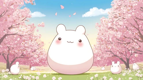 Kawaii pastel hamster characters under blooming cherry trees.