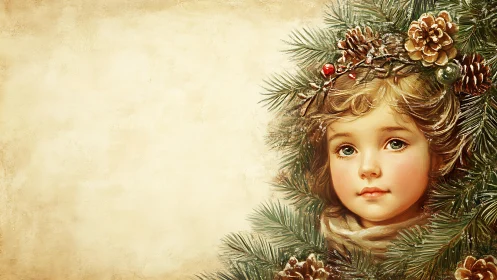 Child’s serene winter portrait framed in festive pine boughs.