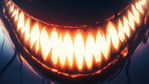Glowing demonic grin burns through darkness with eerie menace