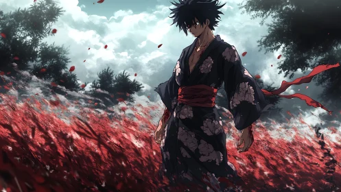 Storm-eyed ronin wandering a crimson field of restless petals.