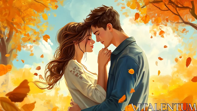 Romantic couple embracing in autumn setting with falling leaves.