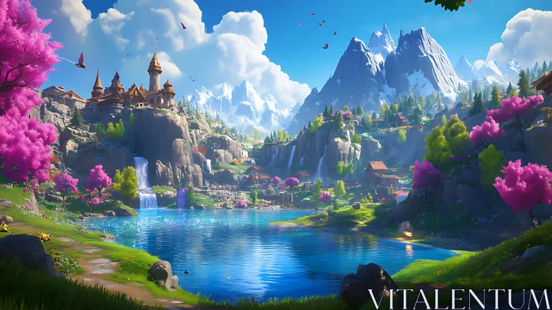 Fantasy lakeside kingdom under vivid alpine spring light.
