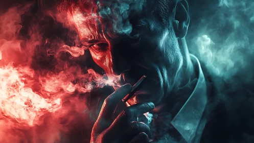 Midnight smoker weighs sins beneath split neon skies