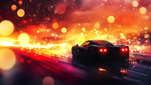 Futuristic sports car accelerates through blazing neon night