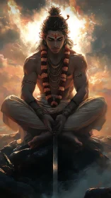 Warrior sage meditating with sword amid blazing clouds.
