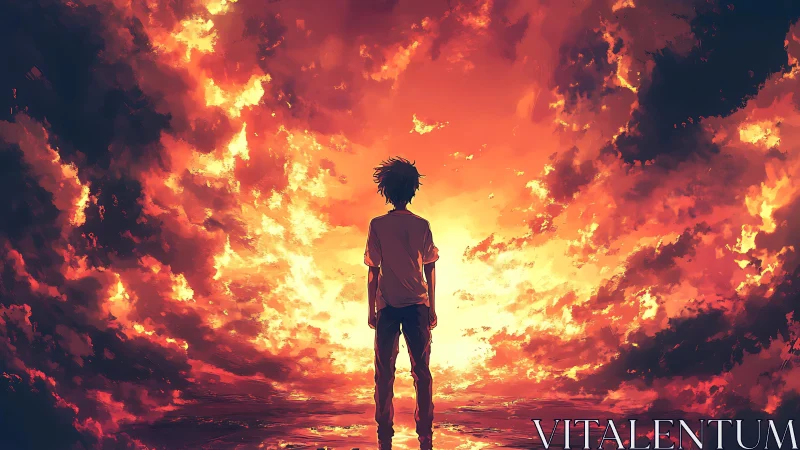 Solitary dreamer standing before a wildfire sunset sky.