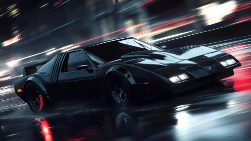 Midnight rain ride with a neon-lit retro supercar.