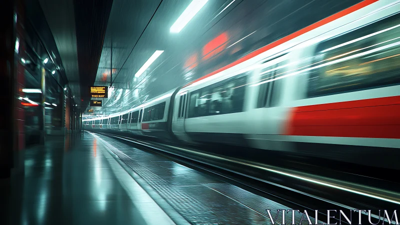 Speeding night train gliding through a rain swept station.