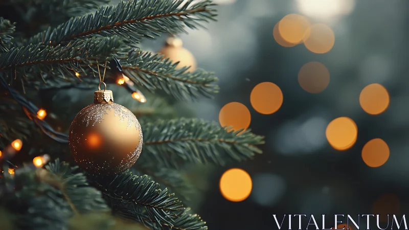 Golden Christmas ornament hangs amid warm festive bokeh lights