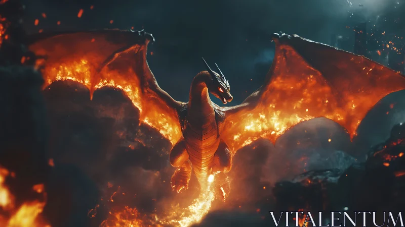 Inferno-winged dragon carves burning paths through midnight storm