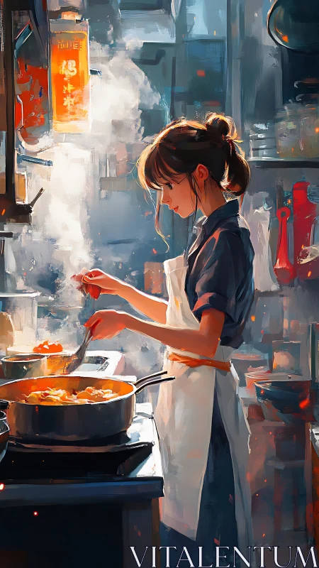 Side-lit kitchen scene depicts focused cook amid rising steam