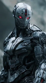 Red-eyed combat android in battle-worn exoshell armor.
