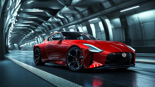 Red futuristic sports car in illuminated tunnel at night.