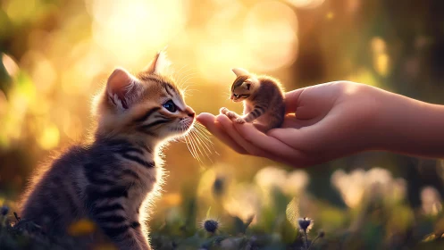 Kitten Interaction with Baby Ferret in Golden Sunlight