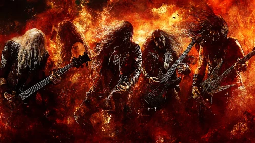 Heavy metal band performing amid intense fiery backdrop.