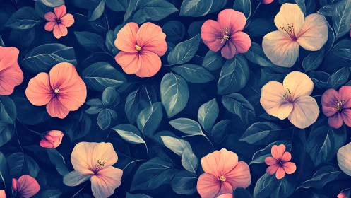 Digital Botanical Illustration with Layered Hibiscus and Foliage Composition