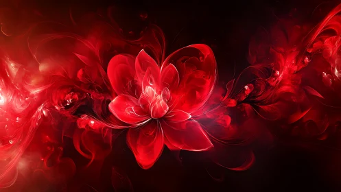 Crimson fractal flower blooms through dark cosmic void.