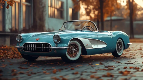 Classic blue roadster gleams amid soft, nostalgic autumn light