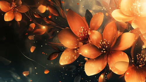 Luminous orange blossoms glow softly against a dreamy night haze