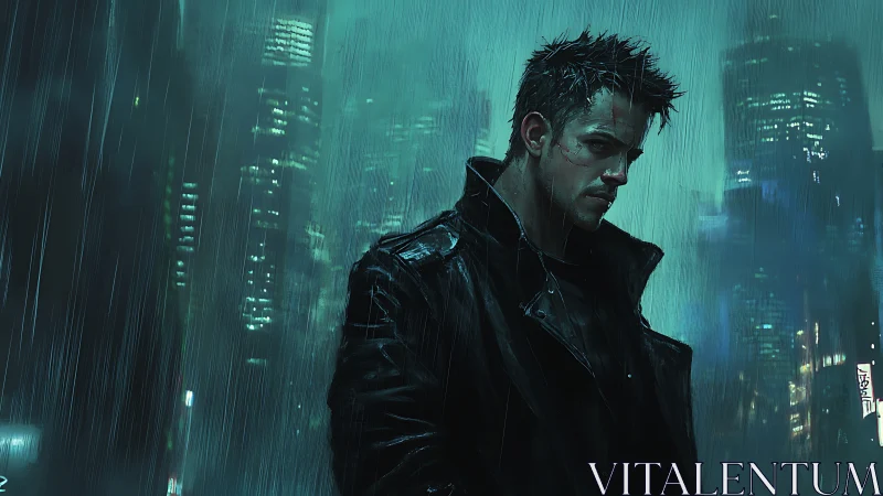 Brooding loner walks through rain in neon-soaked future city