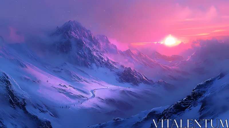 Luminous sunrise ignites violet snowbound mountain pass.