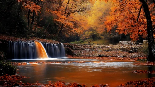 Autumn forest waterfall pours into smooth reflective river