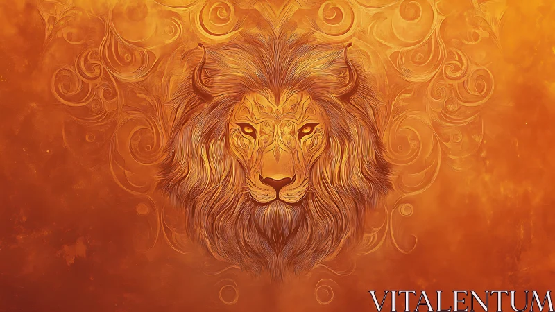 Fiery lion portrait with ornate swirling abstract background.