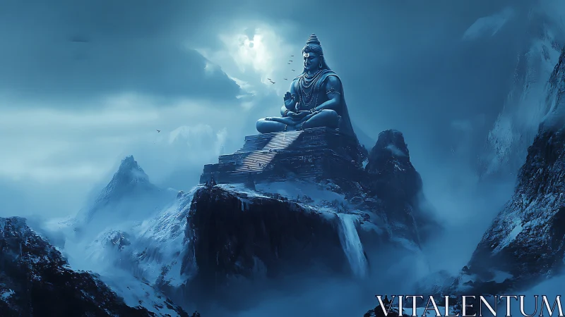 Colossal Shiva statue sits above icy mountains in mist