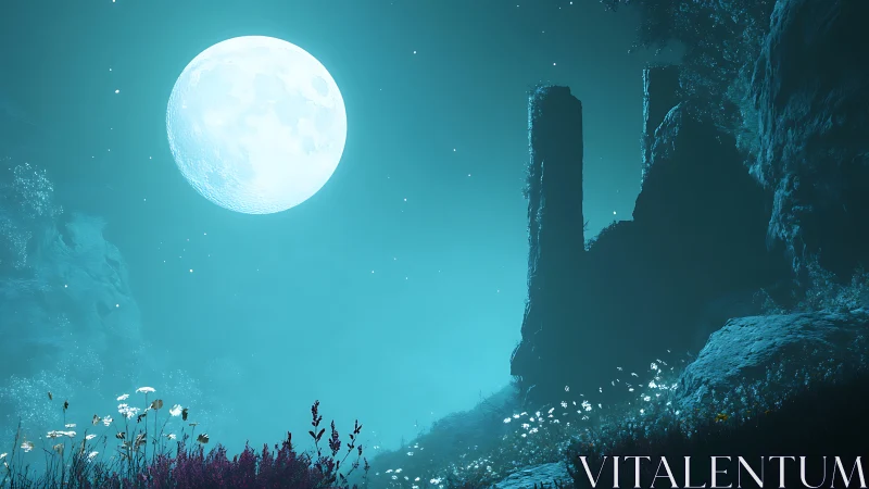 Oversized moonlight backlights ruined stone tower in teal haze
