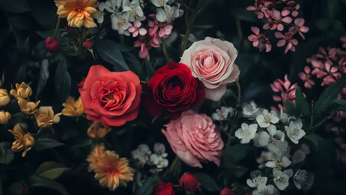 Floral Garden Composition with Layered Rose Varieties in Chromatic Arrangement