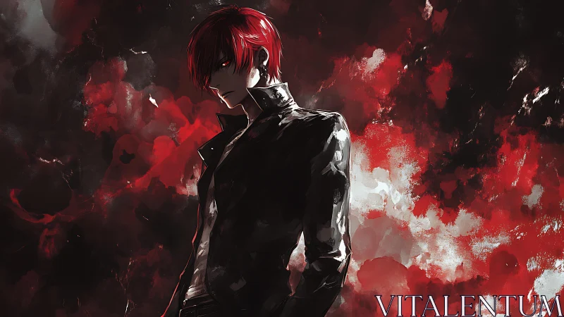 Red-haired antihero stands against swirling crimson chaos.