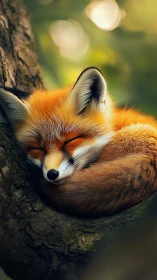 Sleeping red fox curled on tree branch in soft forest light.