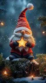 Cozy Christmas gnome holding a glowing golden star light.