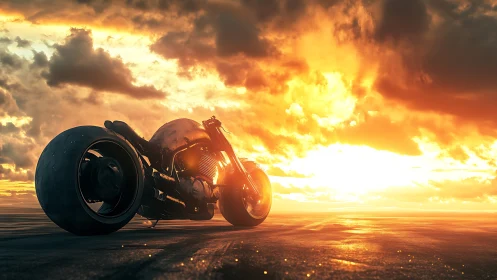 Futuristic motorcycle against blazing cinematic sunset sky.