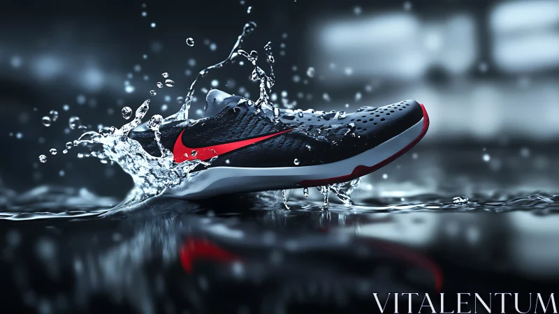 Running shoe slices through reflective water surface with splash