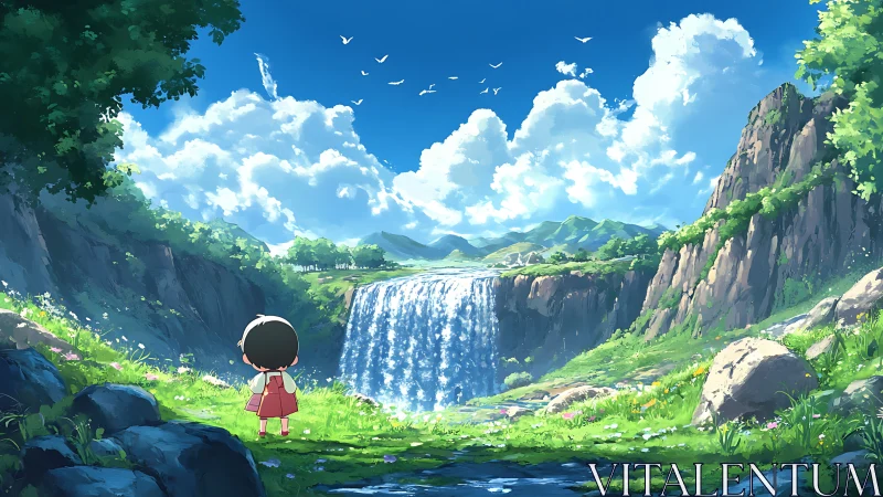 Child’s quiet wonder before a sunlit valley waterfall.