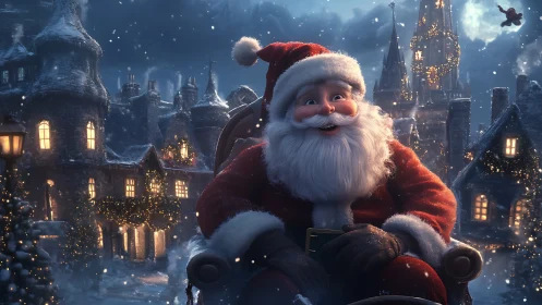Santa in warmly lit sleigh amid snow-laden, high-detail village