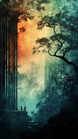 Monolithic portal towers above misted canyon with spectral lighting