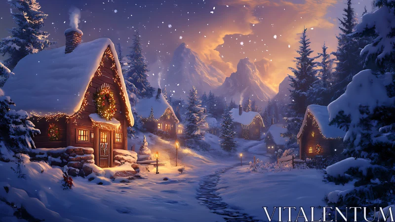 Snowy Christmas cabins under glowing twilight sky.
