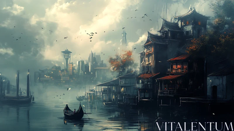 Misty canal city quietly blends rustic homes and distant towers