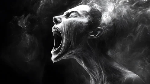 Monochrome ethereal scream portrait with vaporous contours