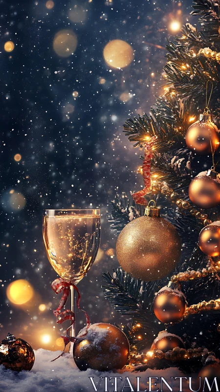 Festive champagne glass beside golden lit Christmas tree.