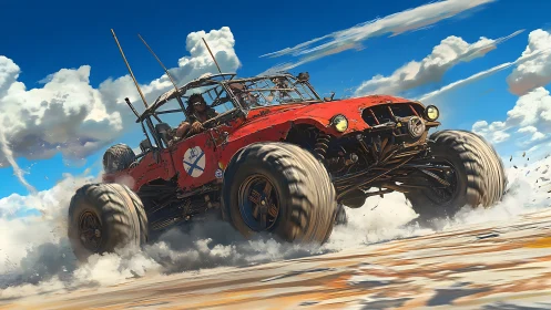 Dust-hungry dune buggy stampedes across a painted sky