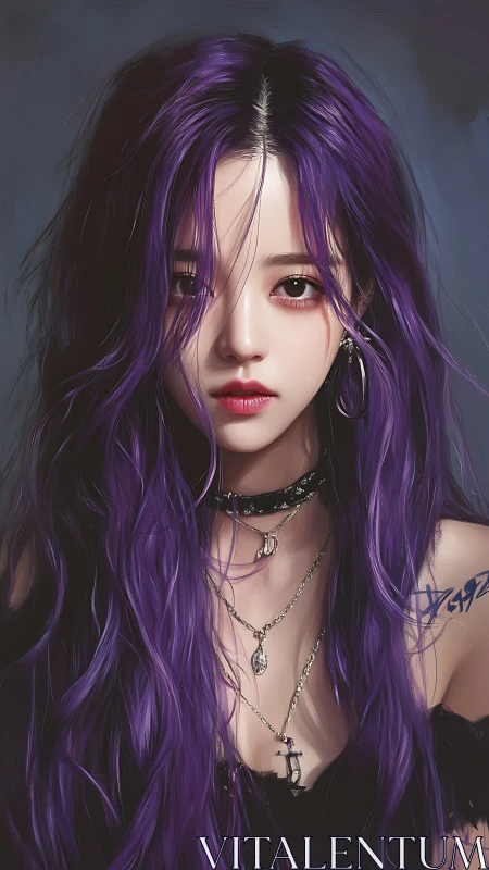 Digital portrait depicts young woman with long purple hair