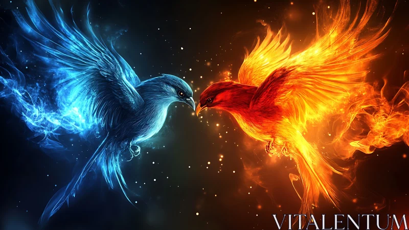 Fiery Phoenix and Icy Bluebird in Dramatic Digital Fantasy Art.