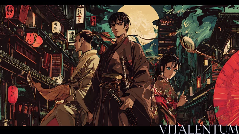 Moonlit ronin trio holds the street between lanterns and fate
