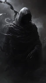 Shrouded shadow figure emerges quietly from swirling darkness