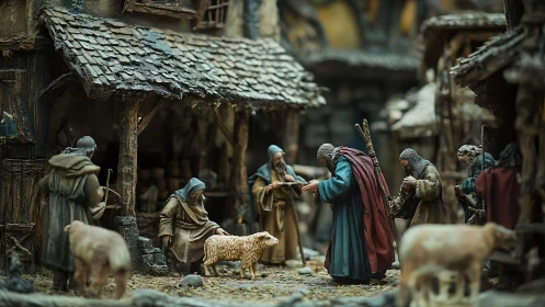 Medieval village nativity diorama with shepherd figures.