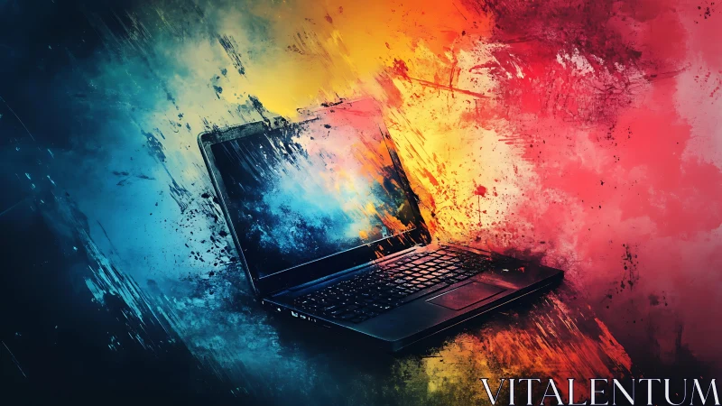 Laptop immersed in vivid digital paint explosion artwork.