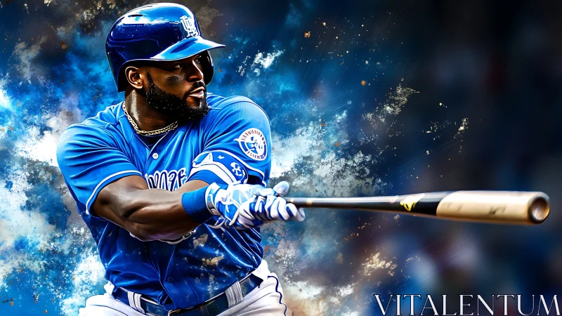 Power hitter in blue uniform swings bat amid energy burst.